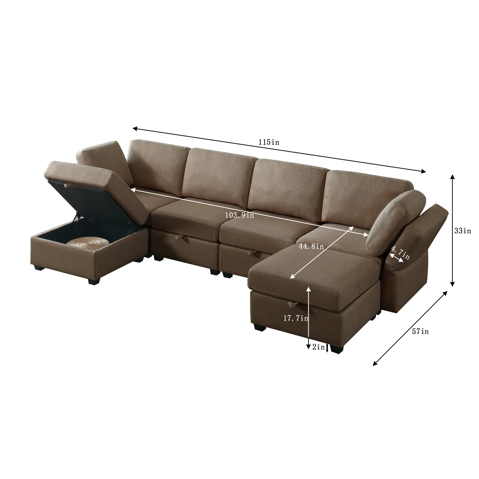 4 Seat U-Shape Linen Couch with 2 Reversible Storage Chaise