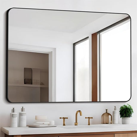 Bathroom Mirror, 36"x55" Black Rectangle Wall Mirror, Metal Frame Rounded Corner