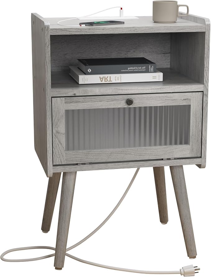 Century Modern Nightstand with Charging Station, Bedside Tables with Glass Decorative Door,