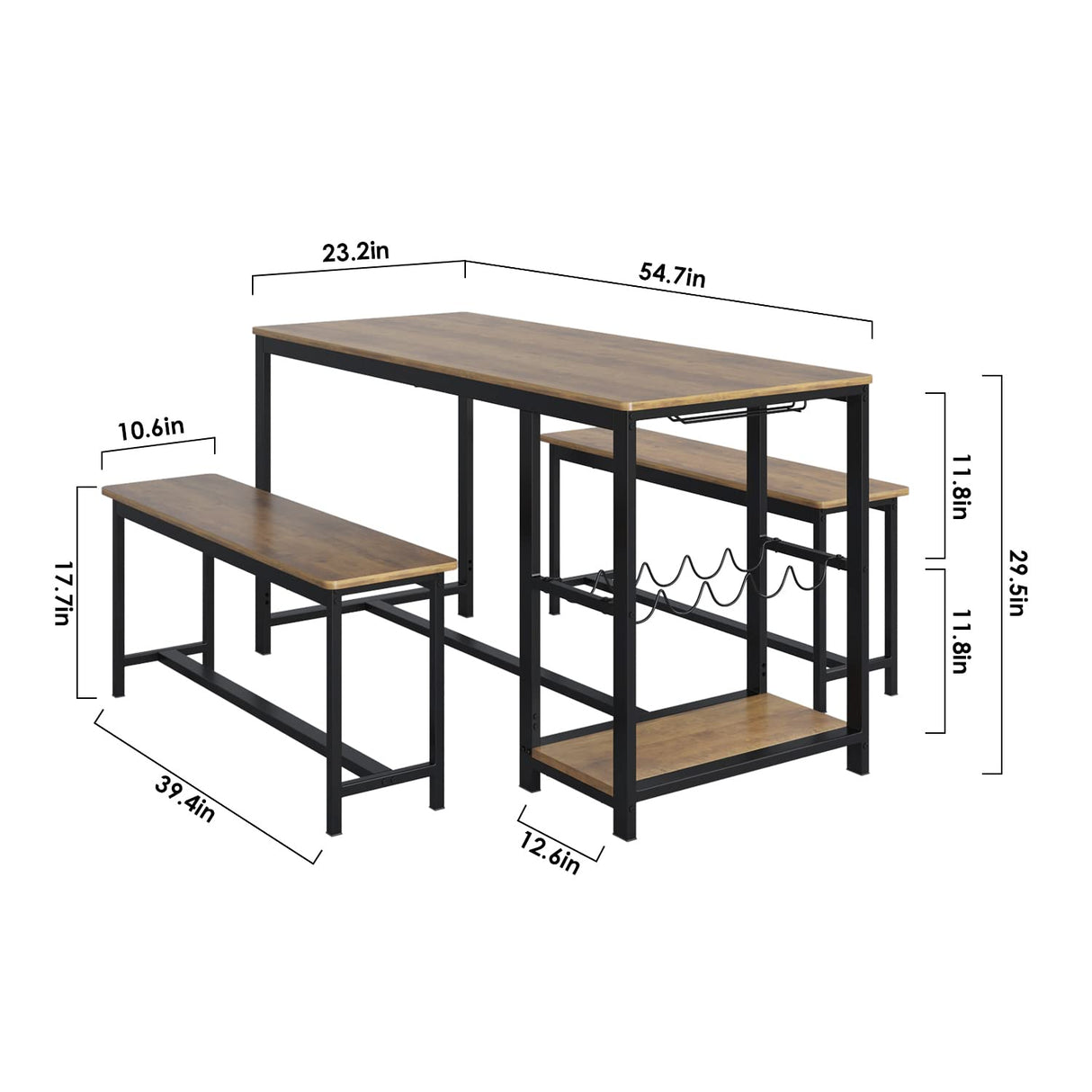 3-Piece Dining Table Set, Rustic Wood Kitchen Dinner Table with Benches for 4