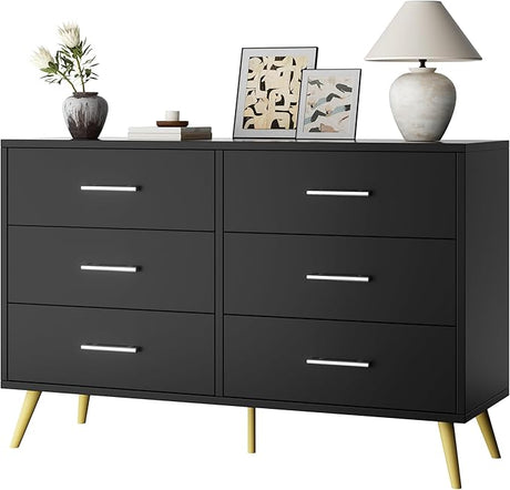 6 Drawer Dresser White Double Dresser for Bedroom, Modern Chest of Drawers TV Stand