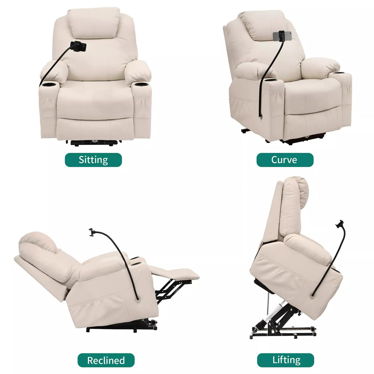 Modern Power Lift Chair Electric Recliner with Phone Holder Heated Vibration Massage Sofa Remote Overstuffed Ergonomic USB Port Elderly Oversized Large Home Elastic Foam PU Leather Metal