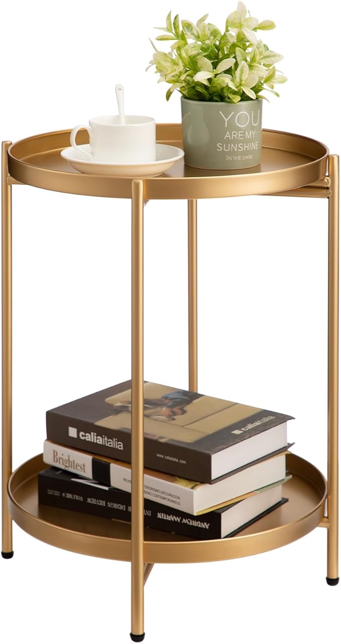 2-Tier Round Side Table, Outdoor Small Folding Accent Stand with Removable Tray