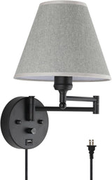 Plug-in Wall Sconce Swing Arm 1-Light Wall Mount Lamp with USB Charging Port Wall