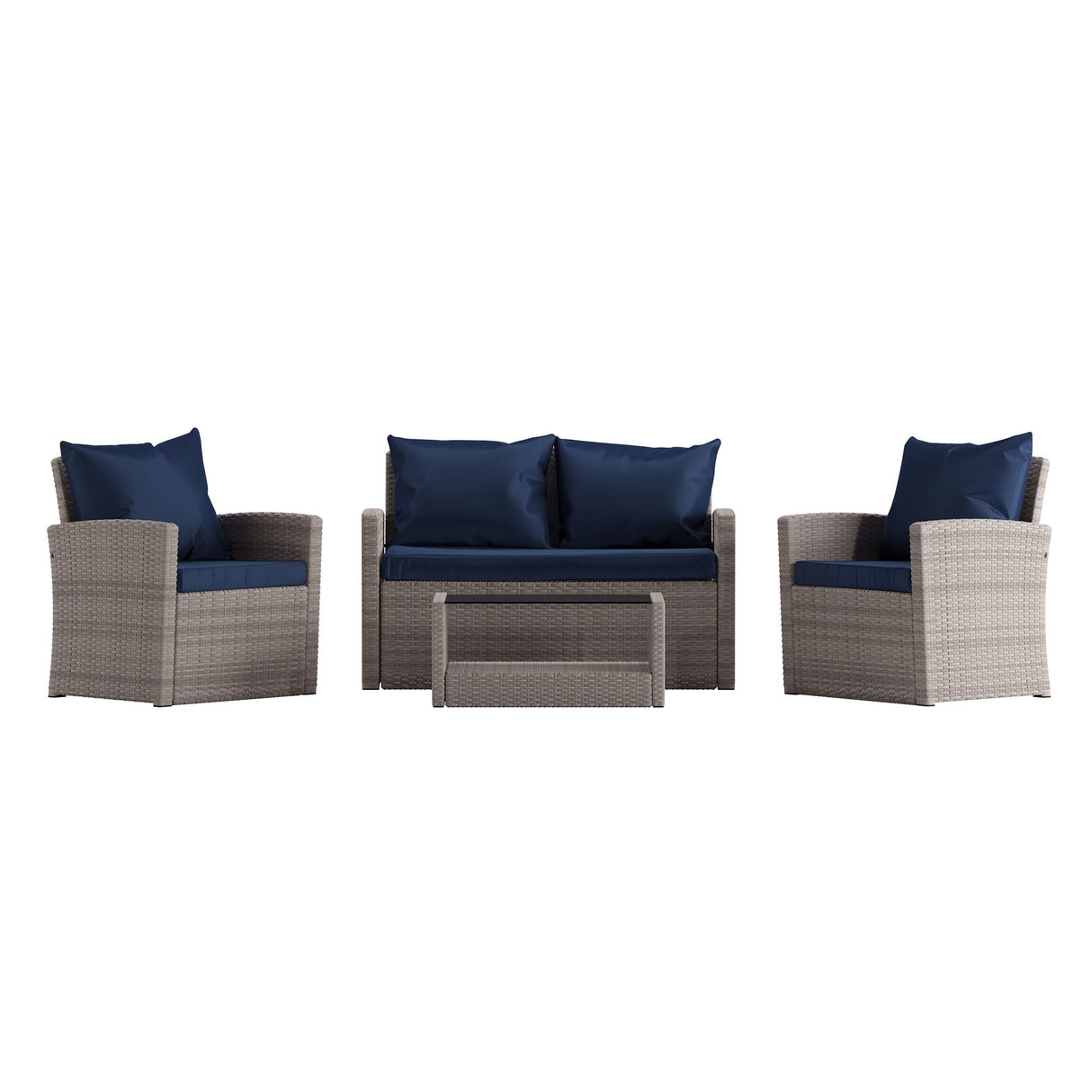 Aransas Series 4 Piece Light Gray Patio Set with Navy Back Pillows and Seat Cushions