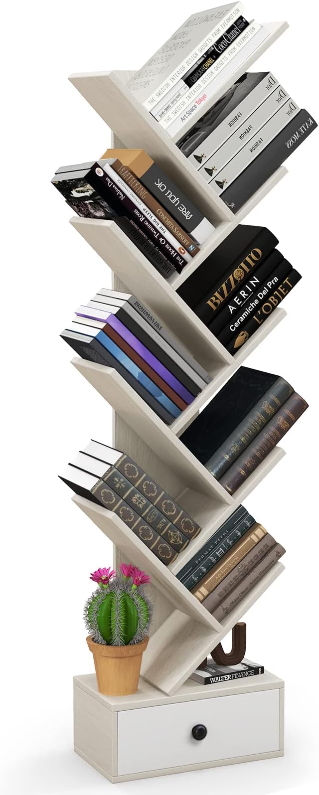 10-Tier Tree Bookshelf with Drawer - 59" Freestanding Space Saving Wooden Bookcase