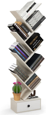 10-Tier Tree Bookshelf with Drawer - 59" Freestanding Space Saving Wooden Bookcase