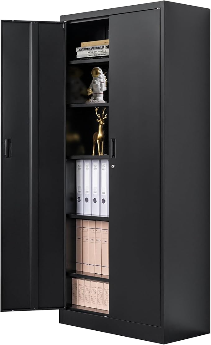 Metal Storage Cabinet with 2 Doors and 4 Shelves, Lockable Steel Storage