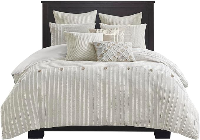 King Comforter Set Clipped Jacquard Stripes with Buttons Boho Comforter for a King