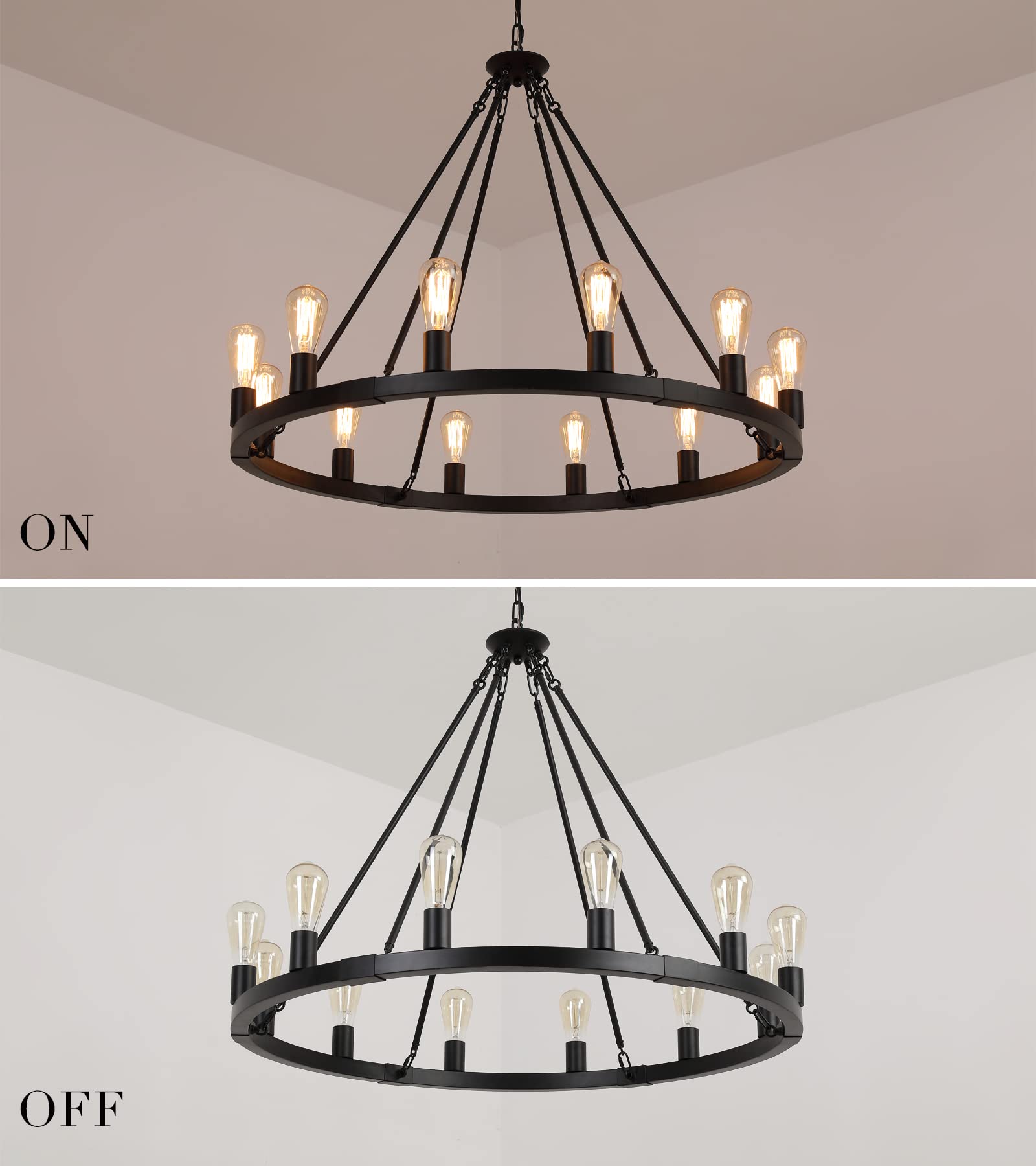Large Farmhouse Wagon Wheel Chandelier,Black Industrial Round 12 Lights Dining Room