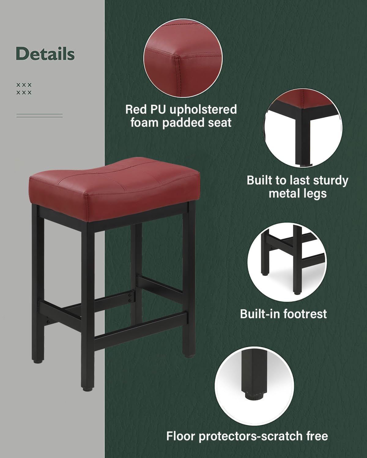 Bar Stools Set of 2, Counter Height Stools 24 Inch Saddle Stools