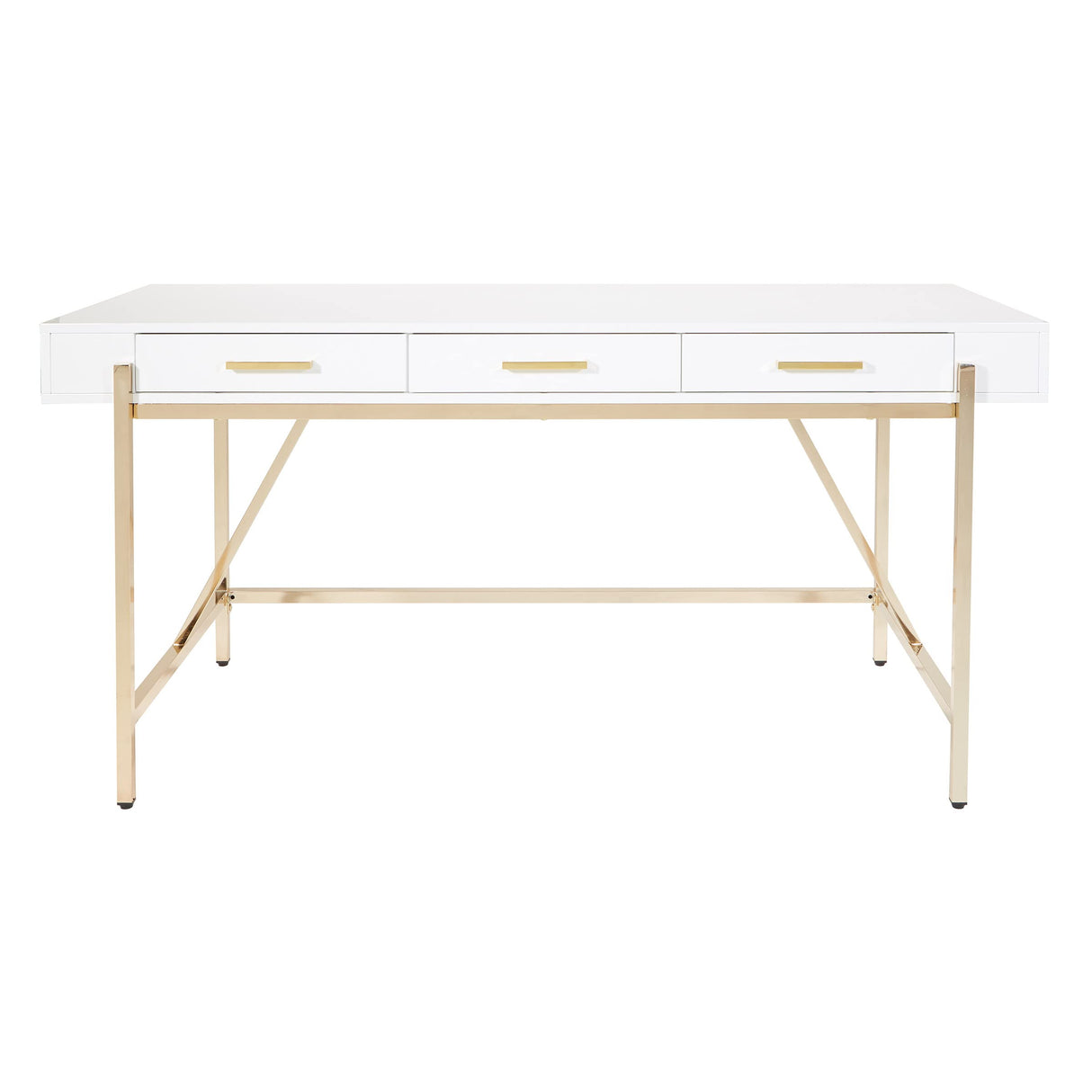 Broadway Modern Executive Desk with 3 Drawers and Charging Station, White Gloss Finish and Gold Frame