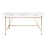 Broadway Modern Executive Desk with 3 Drawers and Charging Station, White Gloss Finish and Gold Frame