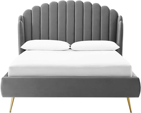 Lana Queen Wingback Platform Bed - Dusty Rose Velvet