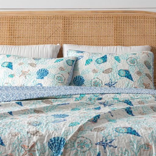 Full / Queen Coastal Quilt Bedding Set, Summer Coastal Quilt with Shams