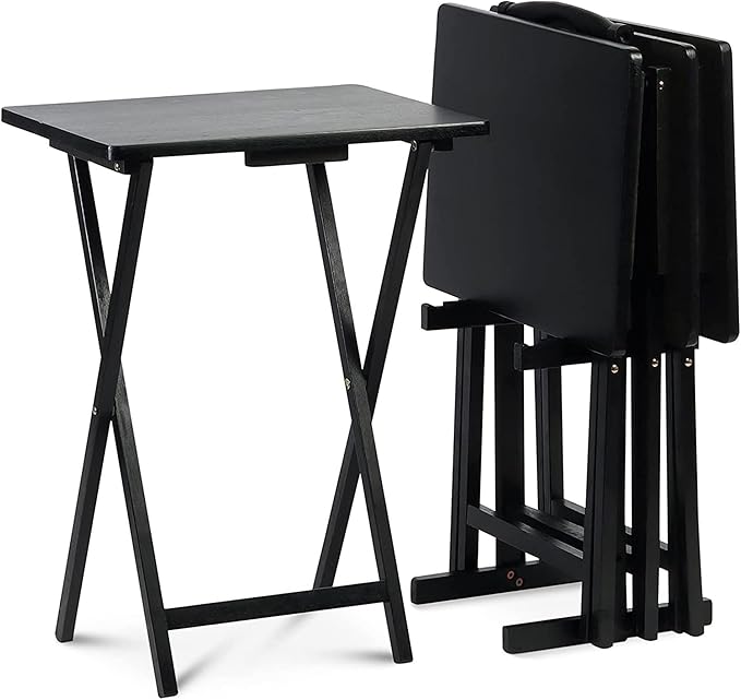 5 Piece Set, 4 Folding Wooden TV Tray Snack Tables with Storage Rack, Honey Oak