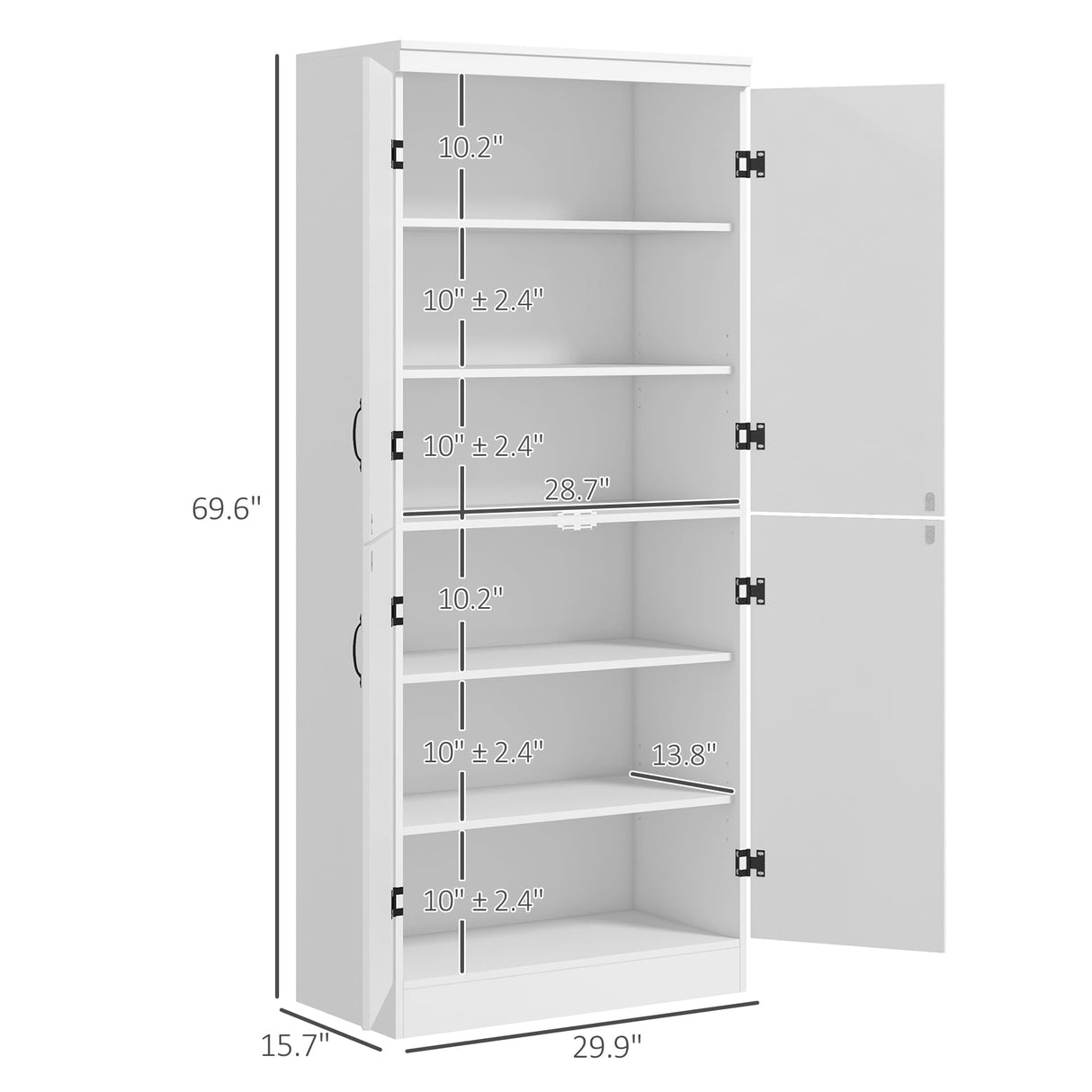 HOMCOM 70" Kitchen Pantry Cabinet, Freestanding Storage Cabinet with 4 Doors and 2 Adjustable Shelves for Dining Room, White