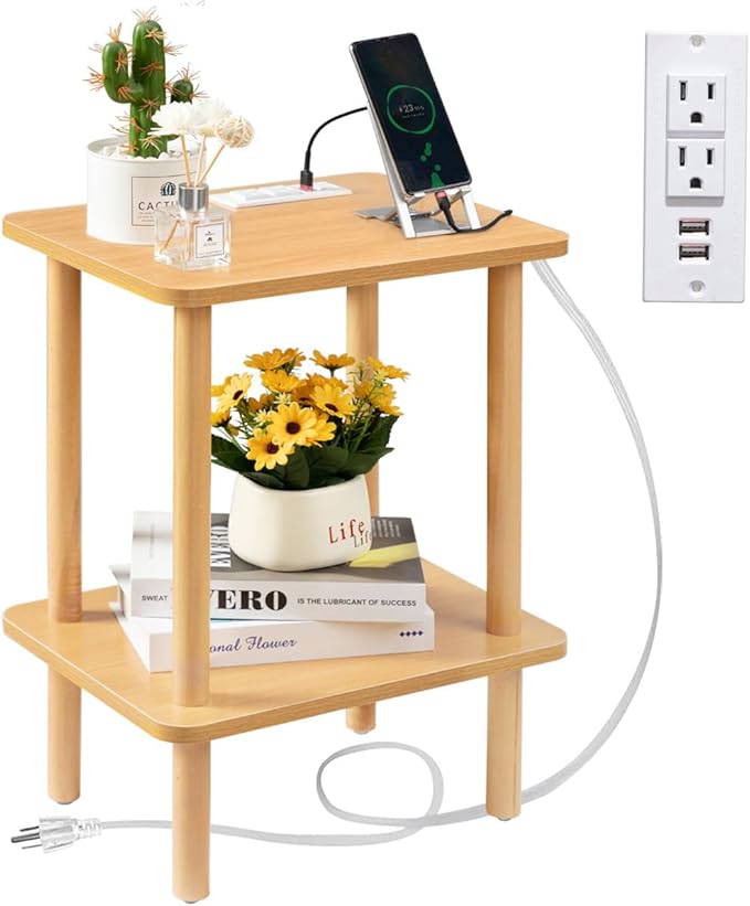 Side Table, End Table with Charging Station, Small Bedside Table Small Side