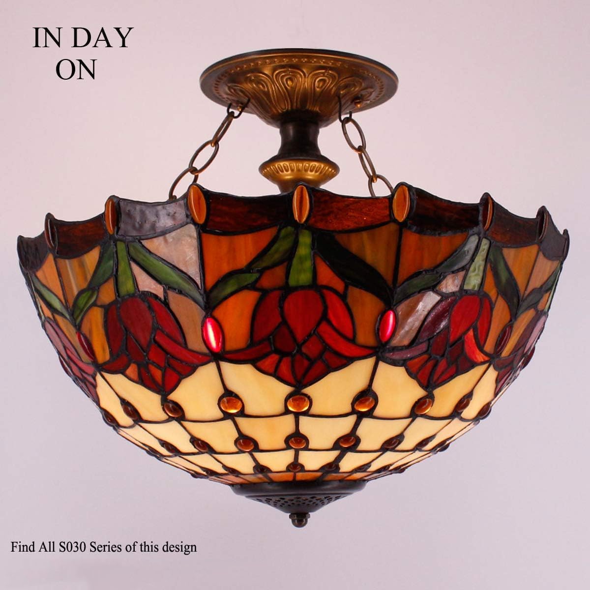 Tiffany Ceiling Light - Red Yellow Tulip Stained Glass Semi Flush Mount 16 Inch
