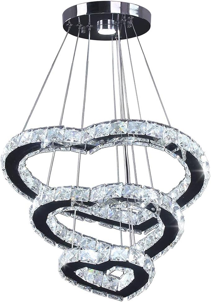 Modern 3 Ring Crystal Heart Chandelier Light Fixture LED Pendant Lighting Stainless Steel