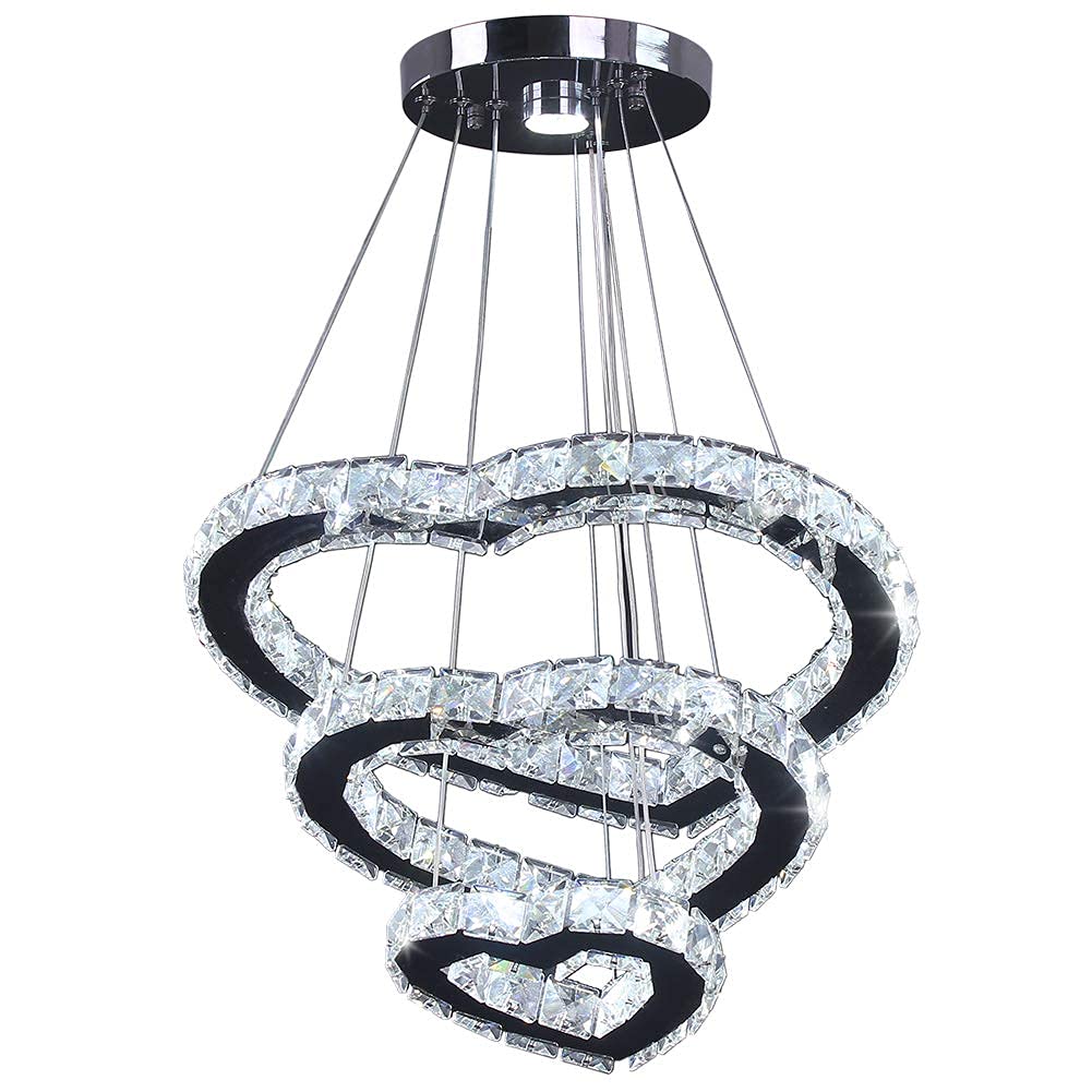 Modern 3 Ring Crystal Heart Chandelier Light Fixture LED Pendant Lighting Stainless Steel