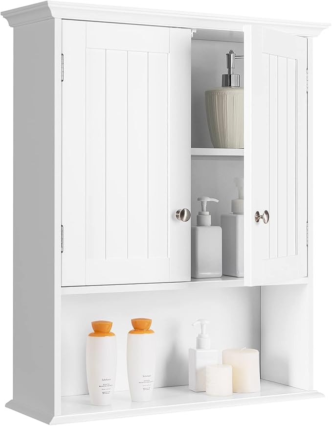 Bathroom Wall Cabinet, Wooden Hanging Storage Cabinet with Doors & Shelves,