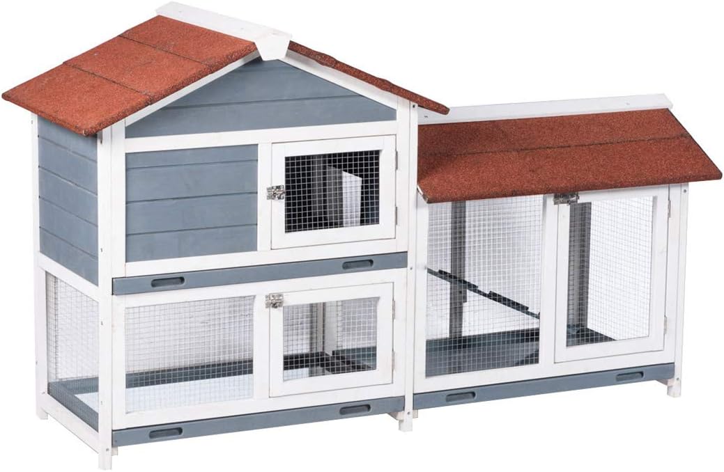 Two Floors 62" Wooden Outdoor Indoor Roof Waterproof Bunny Hutch Rabbit Cage