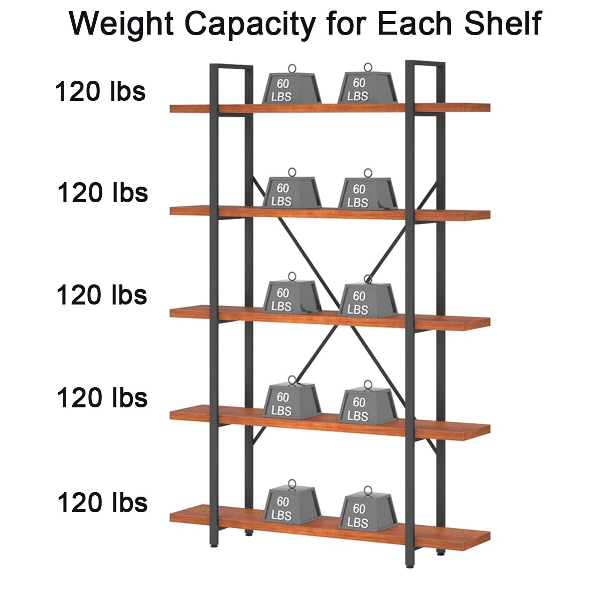 HSH Solid Wood 5 Shelf Bookshelf, Industrial Real Natural Wood Tall Etagere Bookcase, Modern Large Open Wide Big Metal Book Shelf with 5 tier Storage for Bedroom Living Room Home Office, Rustic Brown