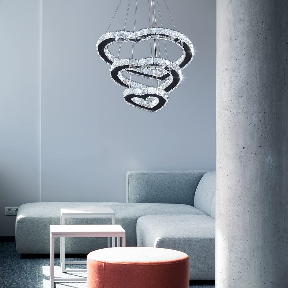 Modern 3 Ring Crystal Heart Chandelier Light Fixture LED Pendant Lighting Stainless Steel