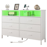 bedroom, White Bedroom Dresser with LED Lights and Charging Station, 6 Long Drawers