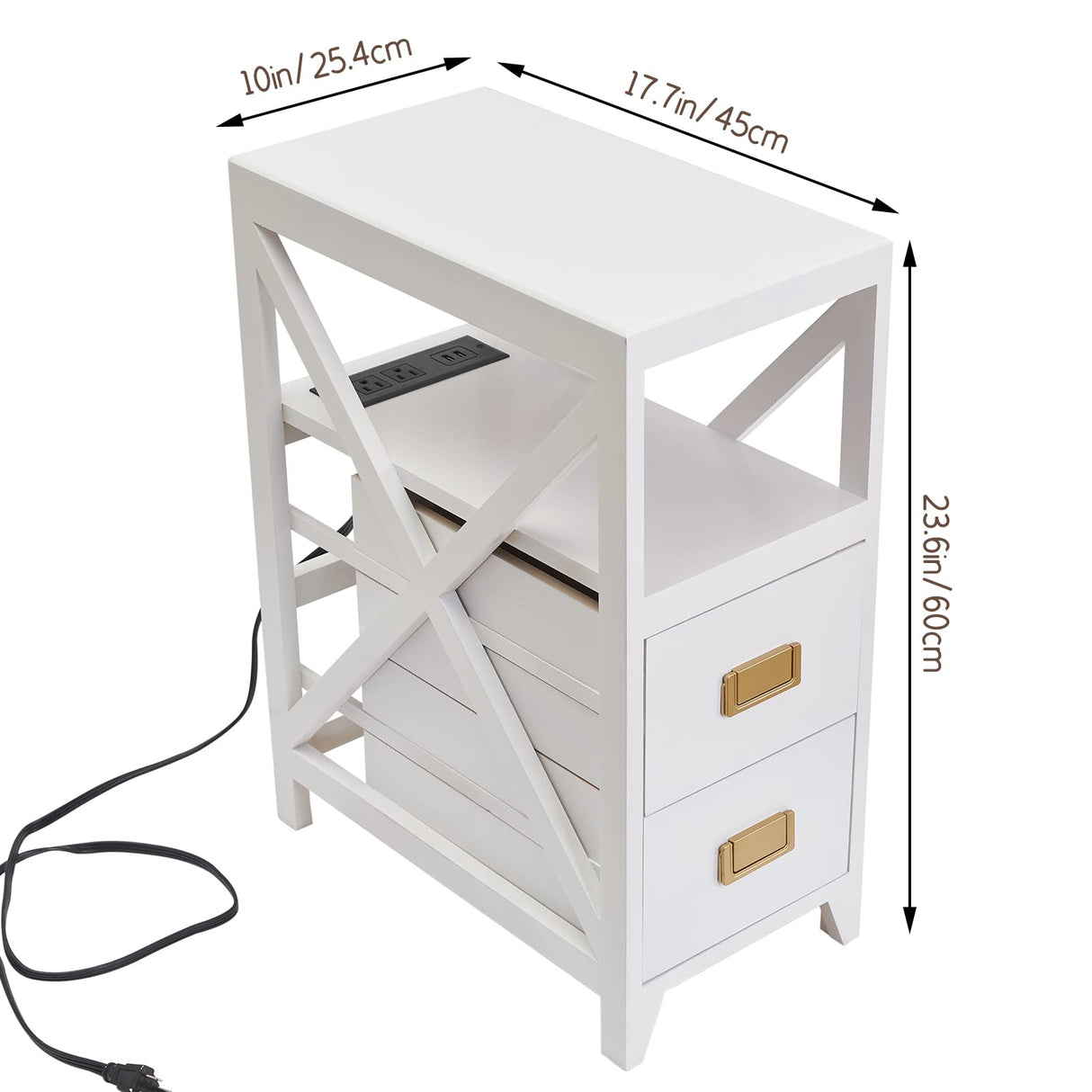 Fully Assembled Narrow Side Table with Charging Station, No Assembly Narrow Nightstand