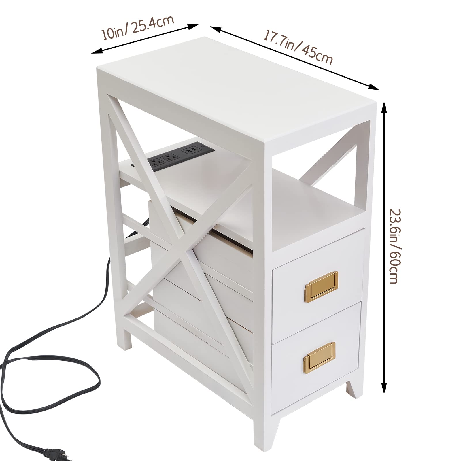 Fully Assembled Narrow Side Table with Charging Station, No Assembly Narrow Nightstand