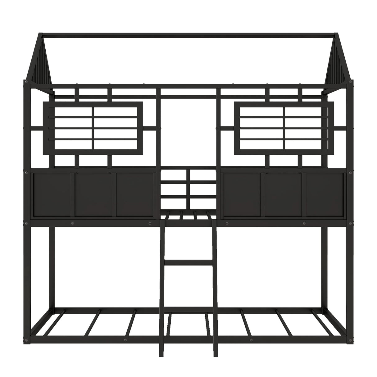 Twin Over Twin Size Metal Low Bunk House Bed with Roof, Two Front Windows