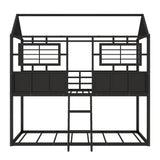 Twin Over Twin Size Metal Low Bunk House Bed with Roof, Two Front Windows