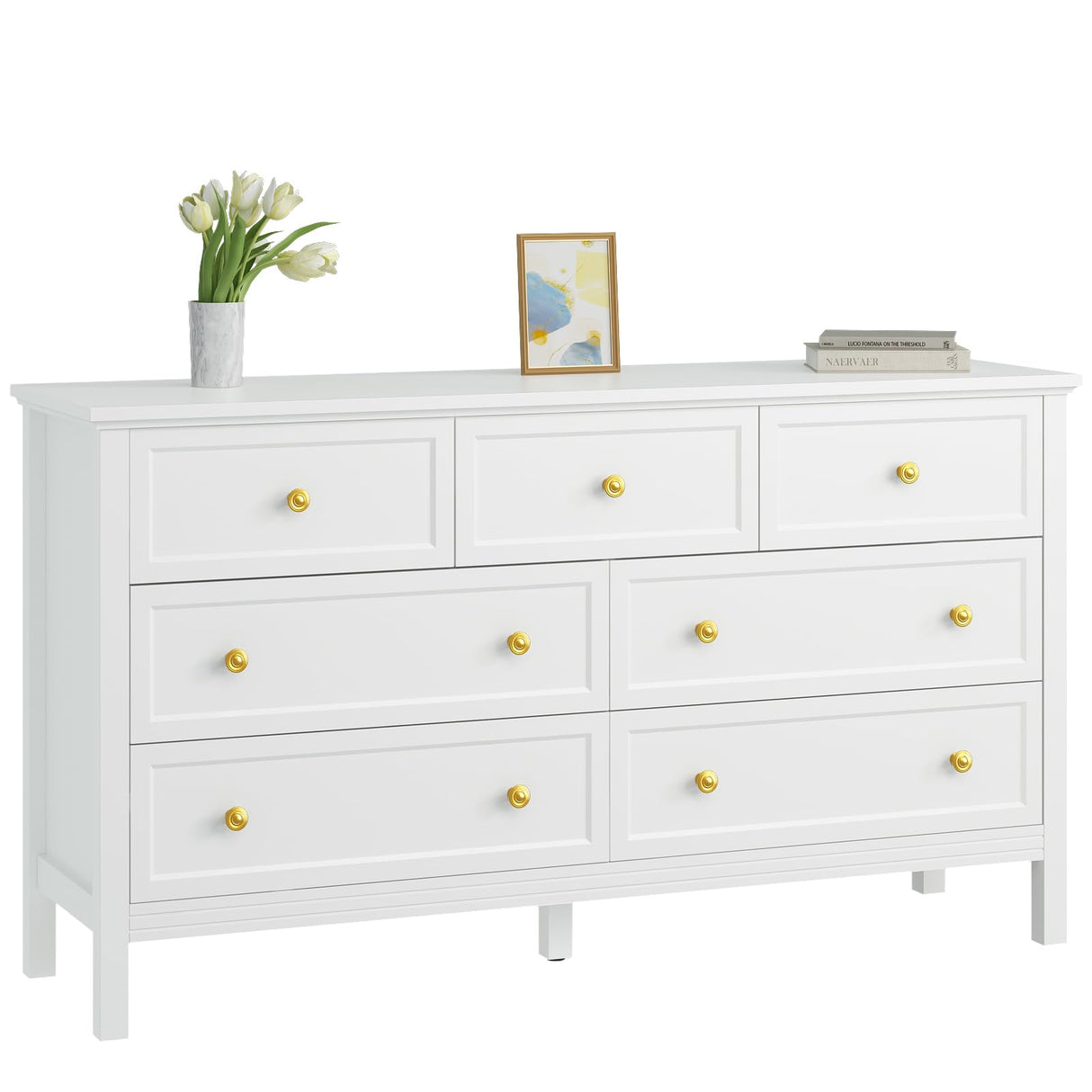 White Dresser for Bedroom, 7 Drawer Dresser with Wide Drawers