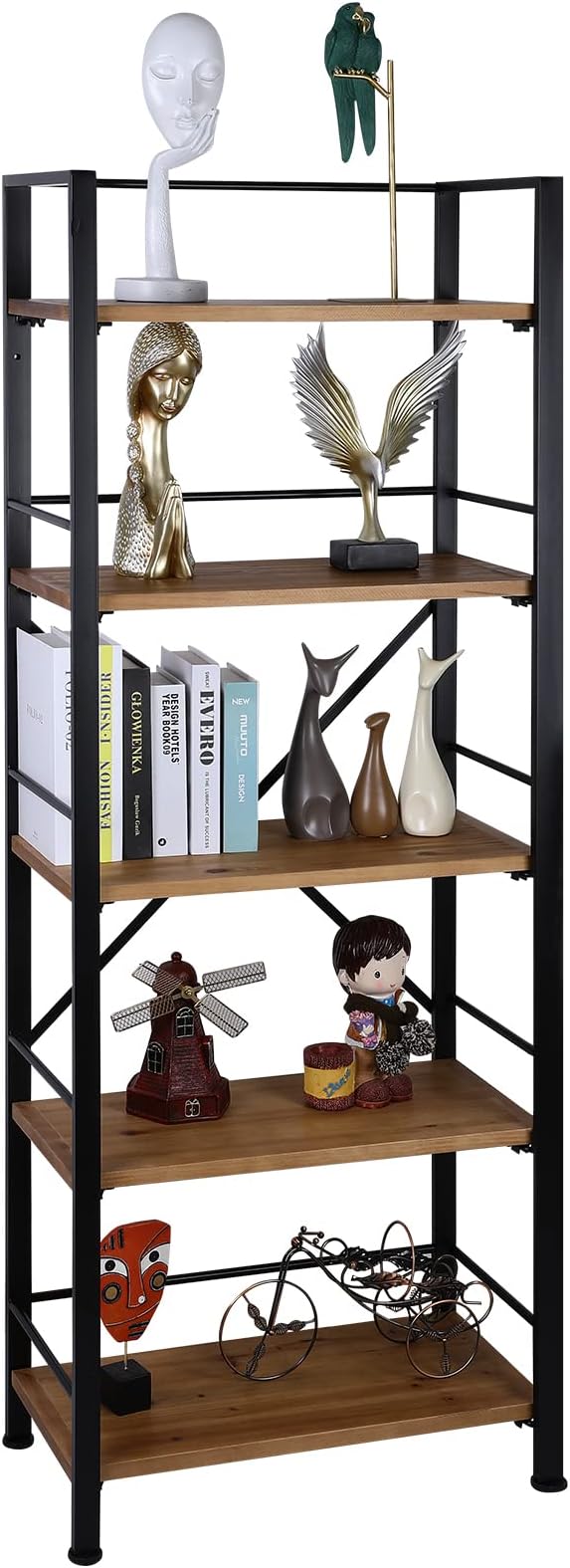 Rustic Bookshelf, 3 Tier Real Wood Bookshelf, Metal Book Shelf for Storage, Black Bookcase, 12.6" D x 23.62" W x 36.61" H