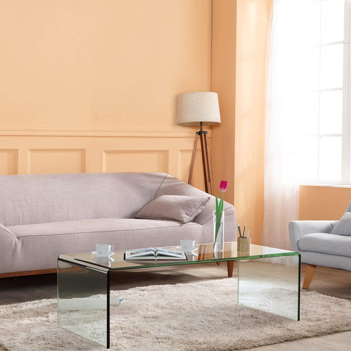 Glass Coffee Table, 42.5" L × 20" W ×14" H, Modern Home Furniture