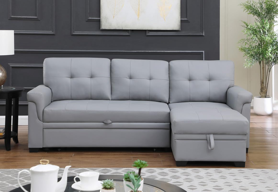 Lexi 83.5" W Gray Vegan Leather Modern Reversible Sleeper Sectional Sofa with Storage