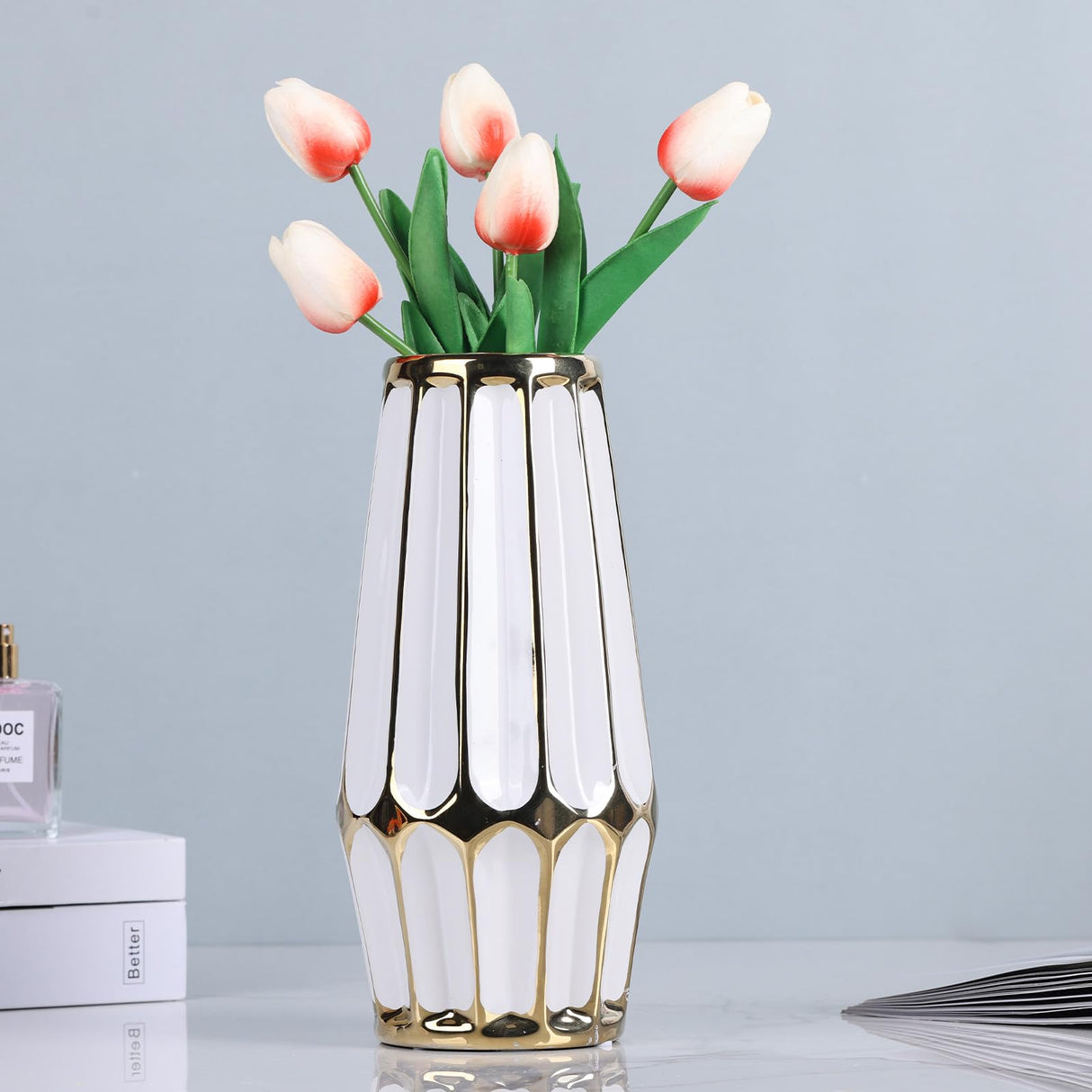 White Gold Ceramic Home Decor Vase, Modern Flower Vase Decoration