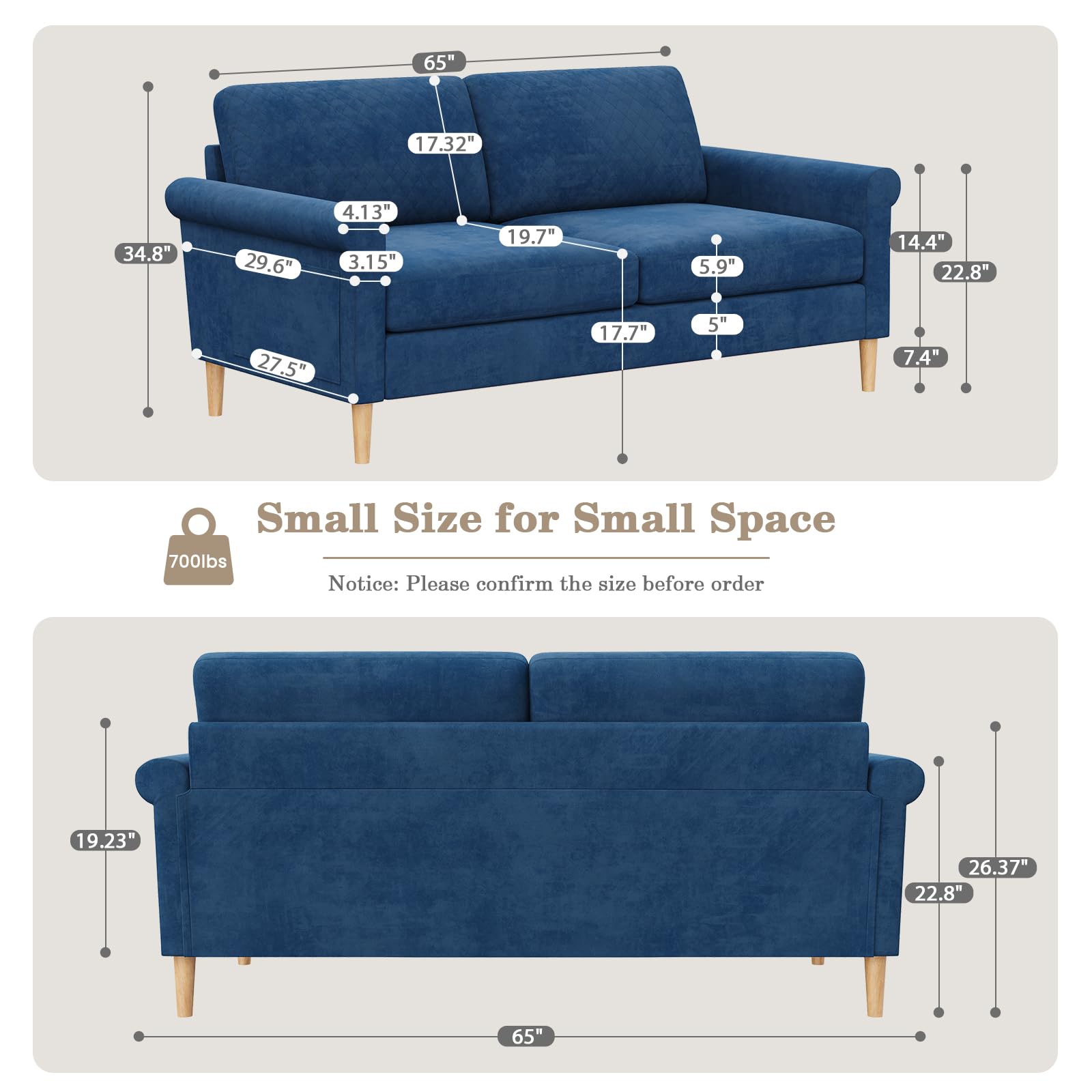 65" Blue Loveseat - Mid-Century Modern 2-Seat Sofa