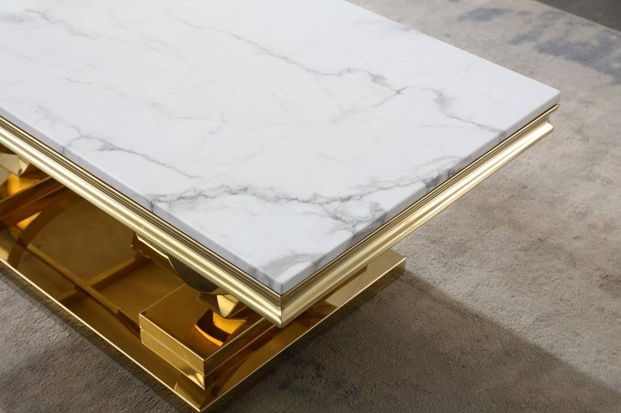 47 inch White Marble Coffee Table with Mirrored Stainless Steel Metal Legs