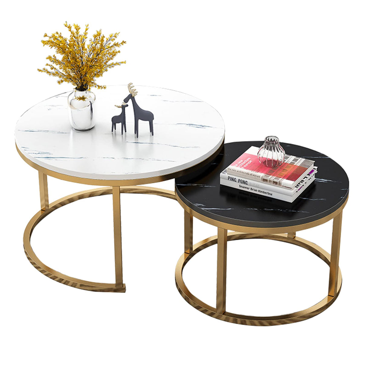 Modern Nesting Coffee Tables Set of 2,Round Center Table with Faux Marble Tabletop