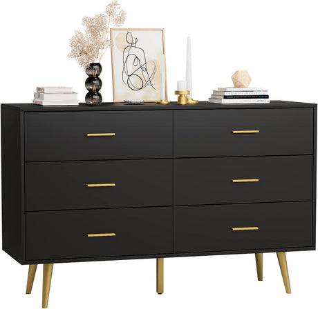 Black Dresser for Bedroom, 6 Drawer Wooden Double Dresser