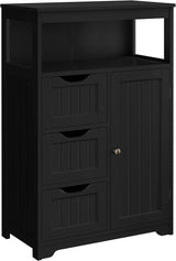 Bathroom Floor Cabinet Wooden Storage Organizer with 1 Door and 3 Drawers, Free-Standing Cupboard