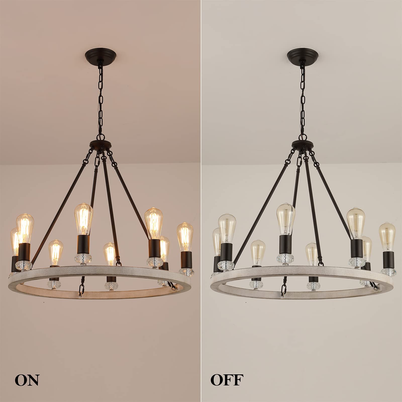 Farmhouse Wagon Wheel Chandelier 8 Light Oak White and ORB Rustic Industrial Metal