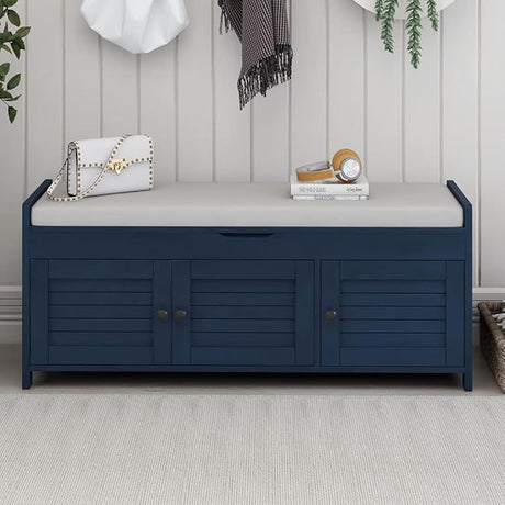 Wood Storage Bench with 3 Shutter-Shaped Doors, Shoe Bench with 2 Size Storage Space