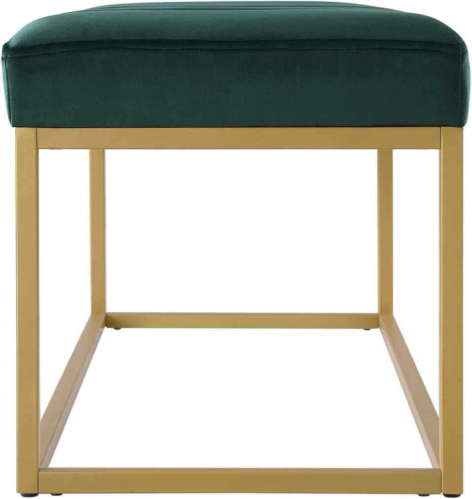 Emerald Velvet Upholstered End of Bed Bench with Metal Frame, Modern Tufted Channel