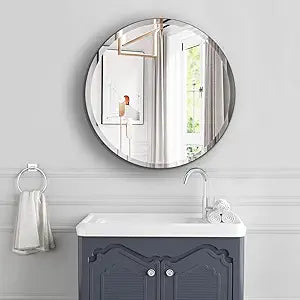 24 Inch Frameless Round Mirror, Circle Wall Mirror with Beveled Polished Edge for