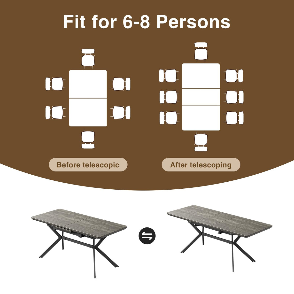 Extendable Dining Table for 6-8 Persons, Modern Dining Room Table from 56.6'' to 72.4'',