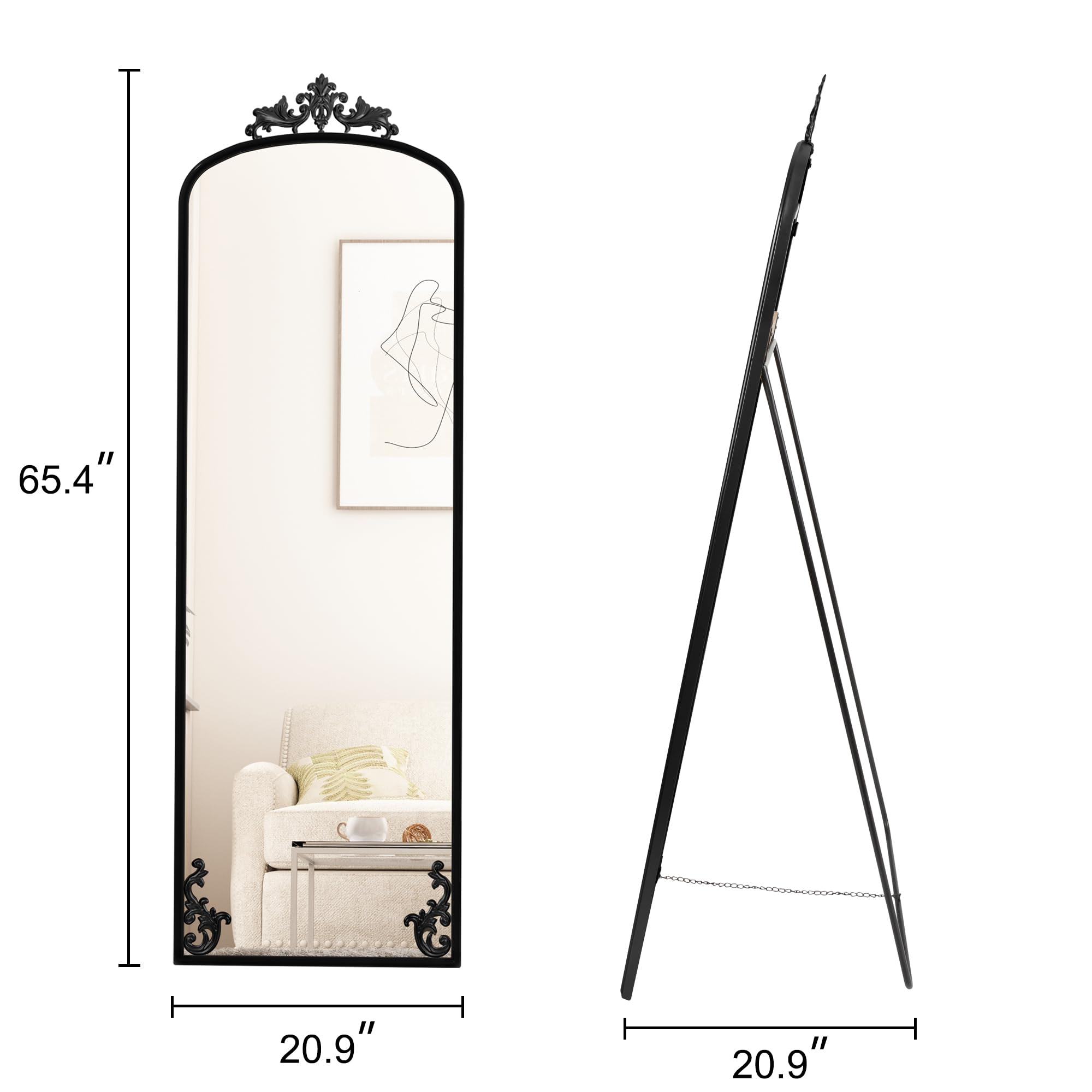 Arched Full Length Floor Mirror 65" x 21" - Black Metal Frame with Stand